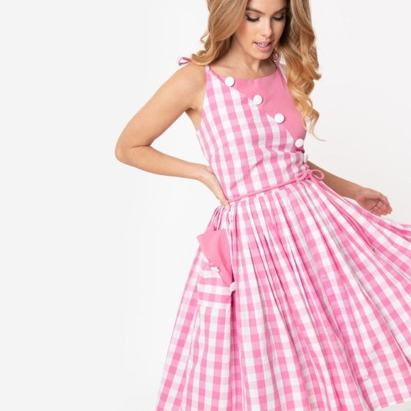 Unique Vintage Pink Gingham Midi Dress - Picture 2 of 7